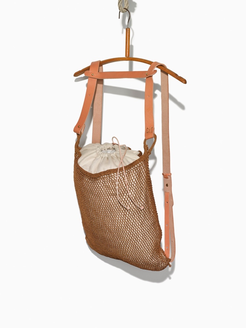 Handwoven Sisal Net Mesh Tote Bag Leather Straps - Brown Summer Beach Backpack - Picture 2 of 12